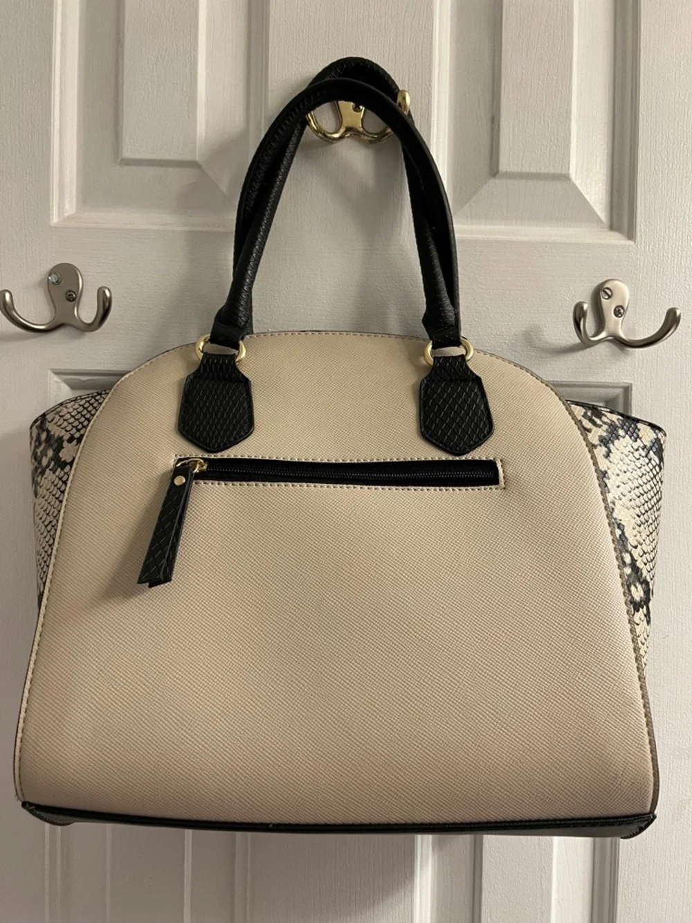 Apt 9 Cream and Black Structured Satchel Handbag with Snake-Print Sides